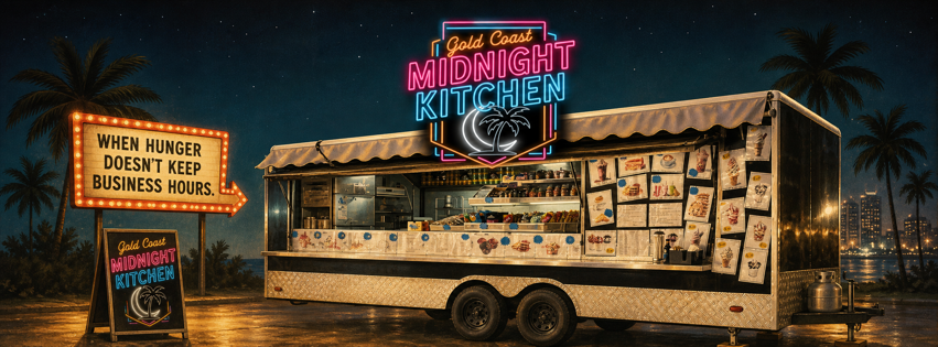 The Gold Coast Midnight Kitchen neon sign with the Southport address